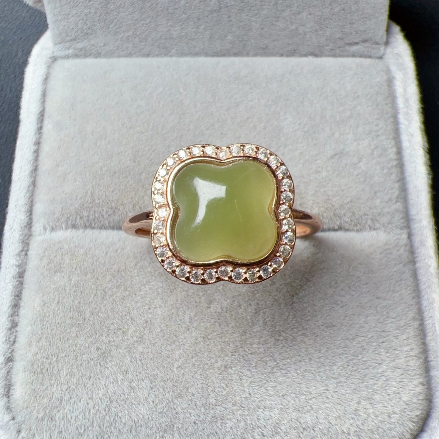 Genuine Nephrite Jade Ring | Handmade Lucky Four Leaf Clover Design In 18K Rose Gold Plated 925 Sterling Silver
