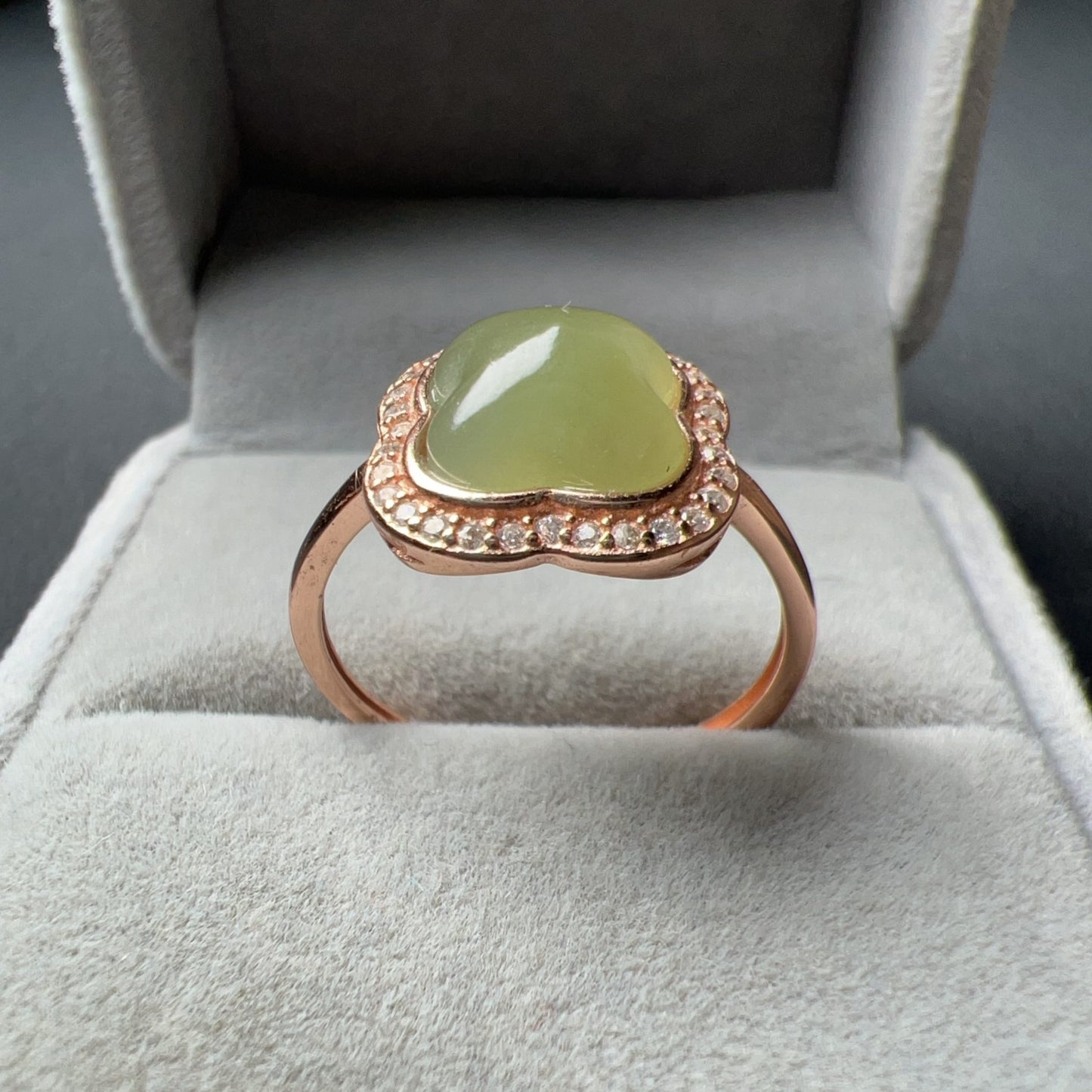 Genuine Nephrite Jade Ring | Handmade Lucky Four Leaf Clover Design In 18K Rose Gold Plated 925 Sterling Silver
