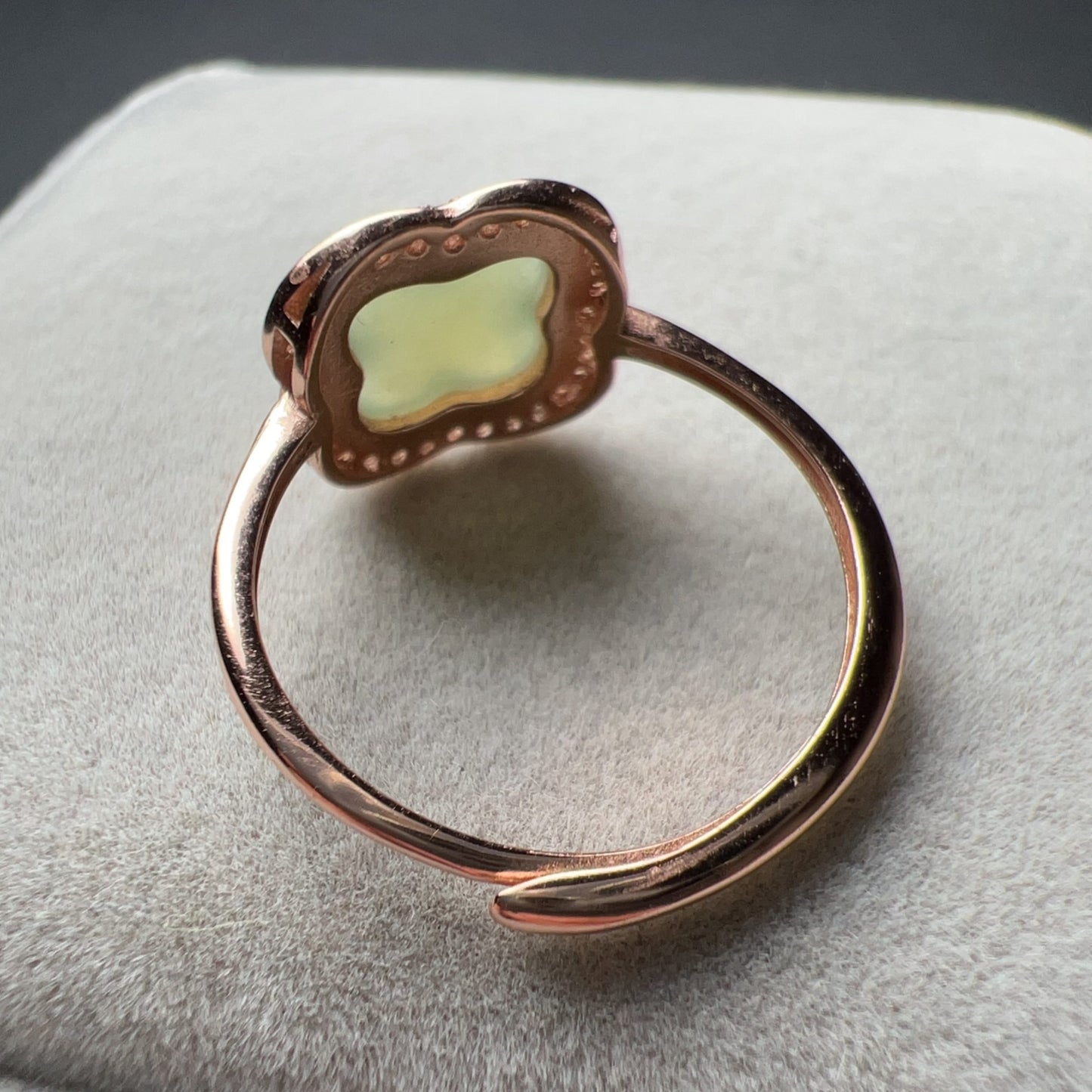 Genuine Nephrite Jade Ring | Handmade Lucky Four Leaf Clover Design In 18K Rose Gold Plated 925 Sterling Silver