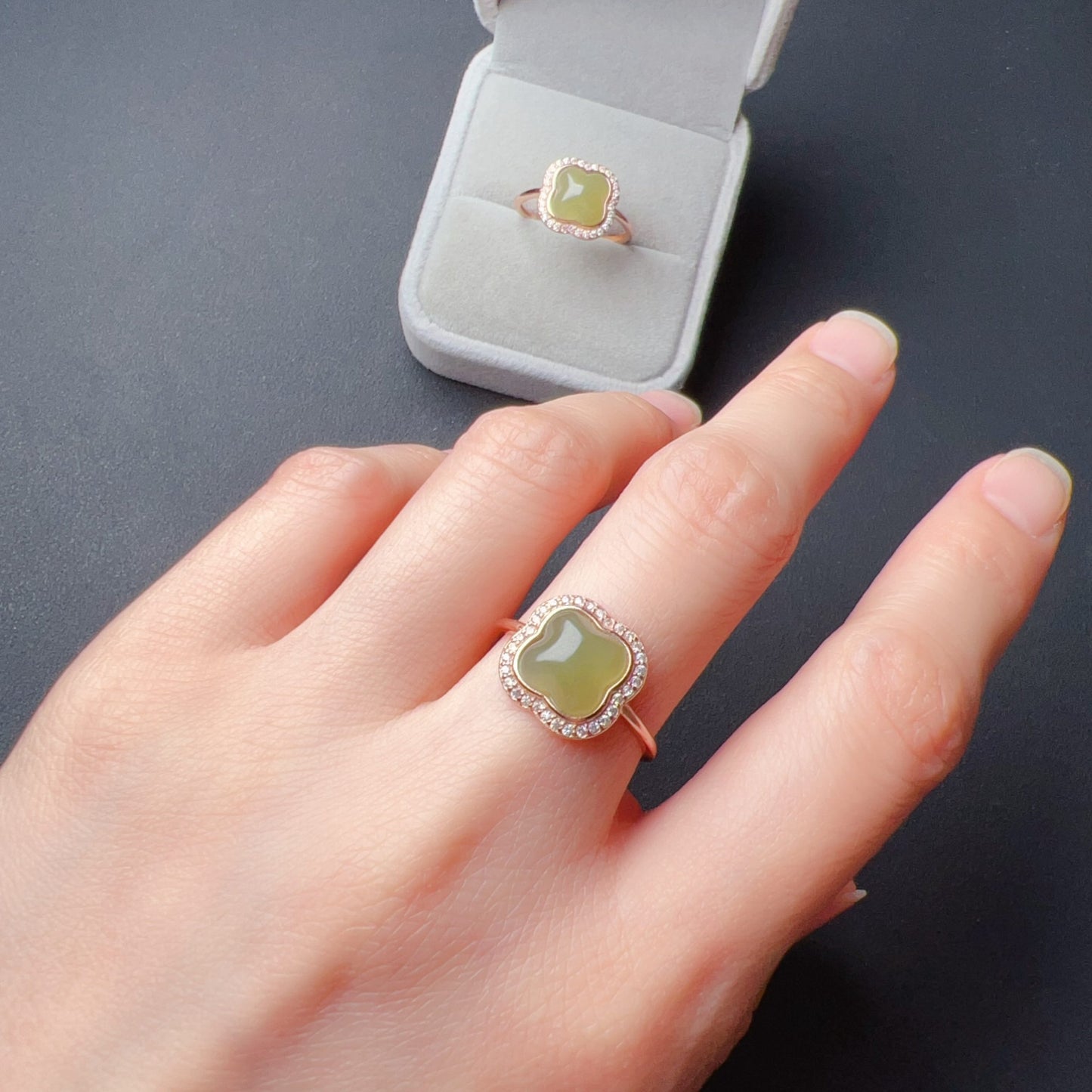 Genuine Nephrite Jade Ring | Handmade Lucky Four Leaf Clover Design In 18K Rose Gold Plated 925 Sterling Silver
