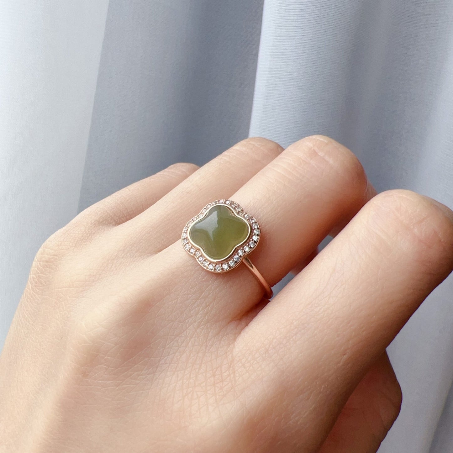 Genuine Nephrite Jade Ring | Handmade Lucky Four Leaf Clover Design In 18K Rose Gold Plated 925 Sterling Silver