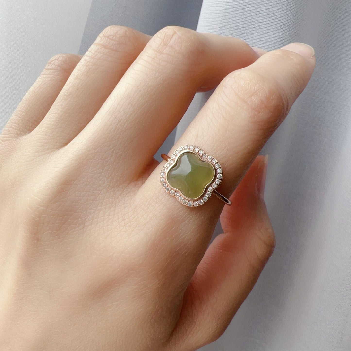 Genuine Nephrite Jade Ring | Handmade Lucky Four Leaf Clover Design In 18K Rose Gold Plated 925 Sterling Silver