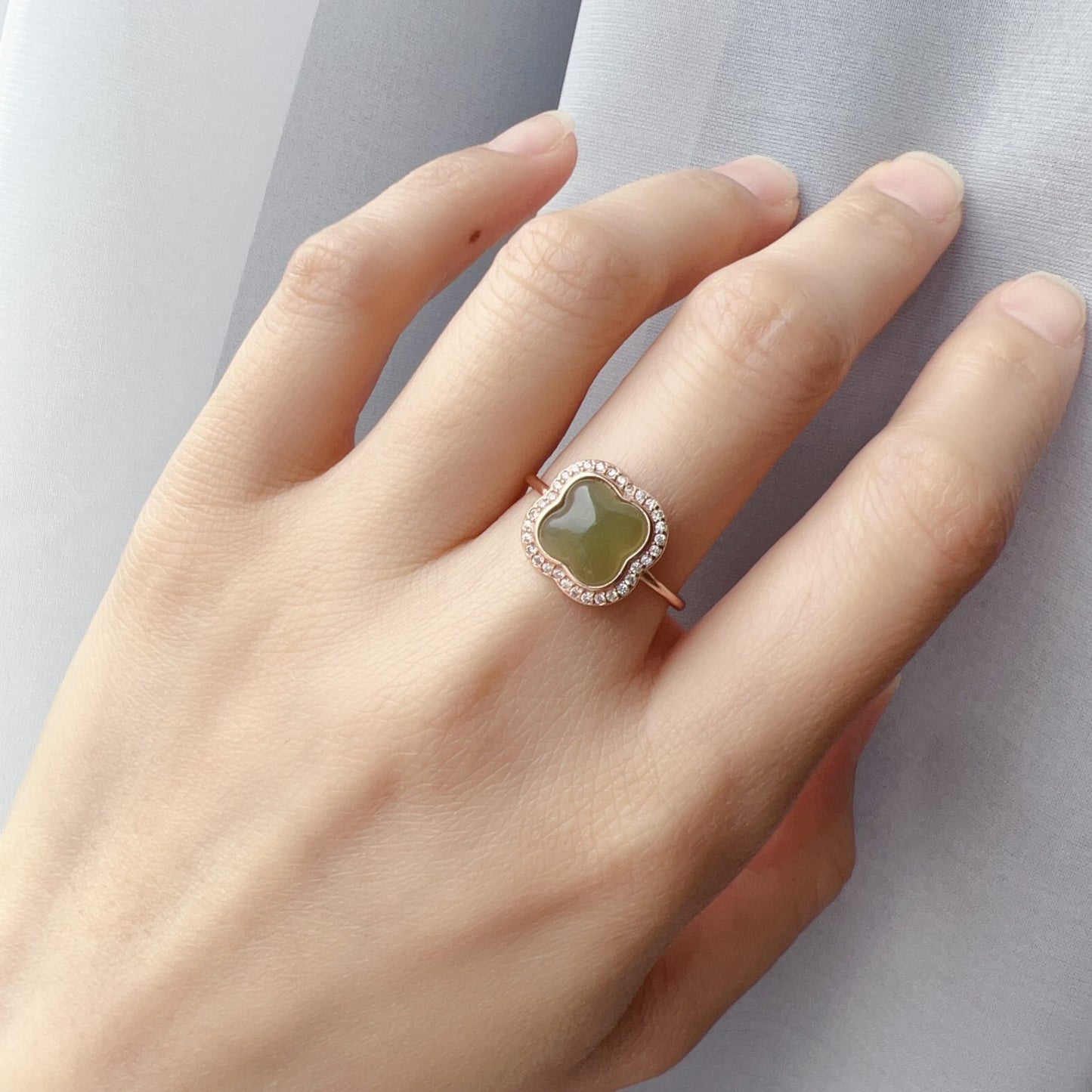 Genuine Nephrite Jade Ring | Handmade Lucky Four Leaf Clover Design In 18K Rose Gold Plated 925 Sterling Silver