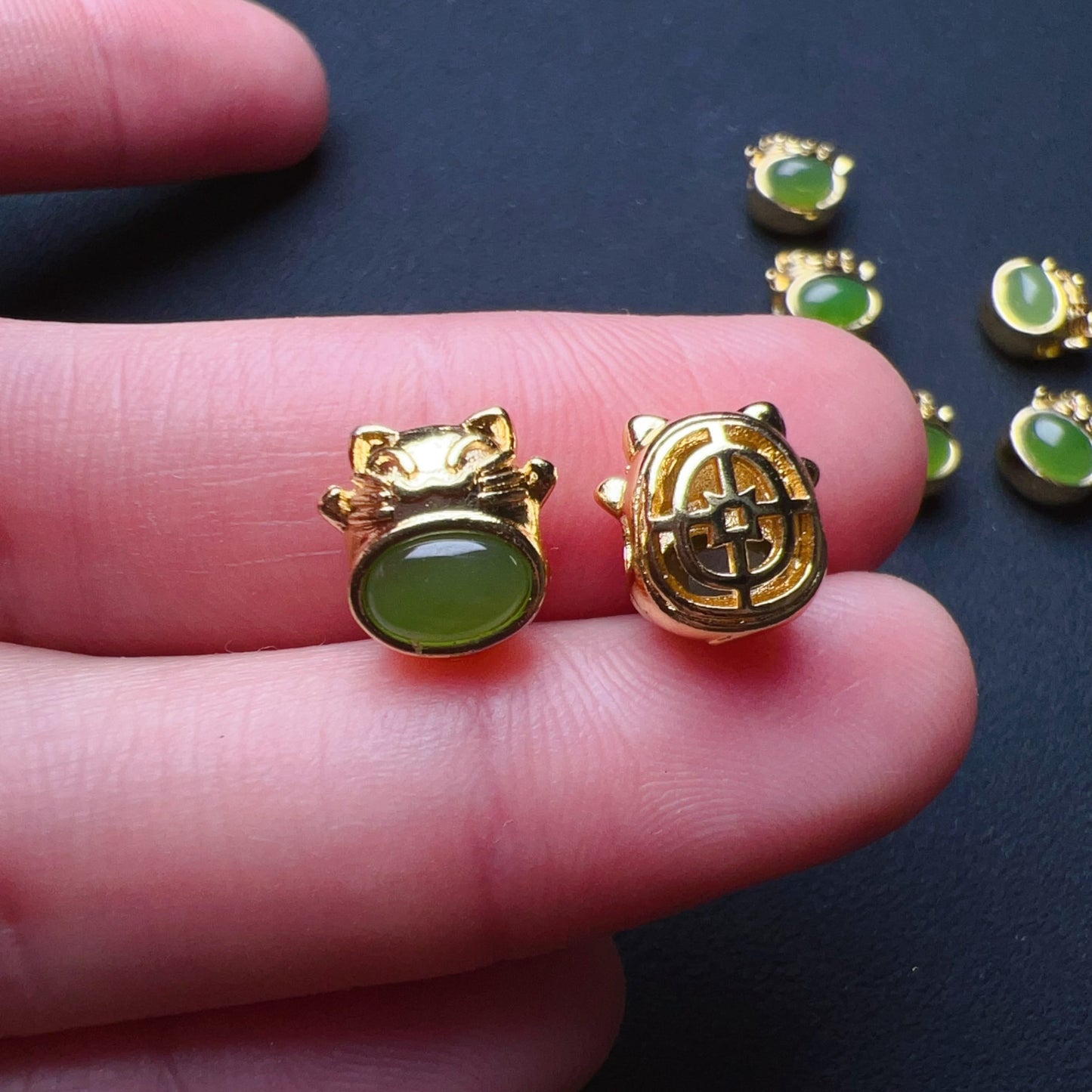 Natural Green Nephrite Maneki Neko Bead Charms – Adorable Diy Jewelry Components For Unique Craft Projects