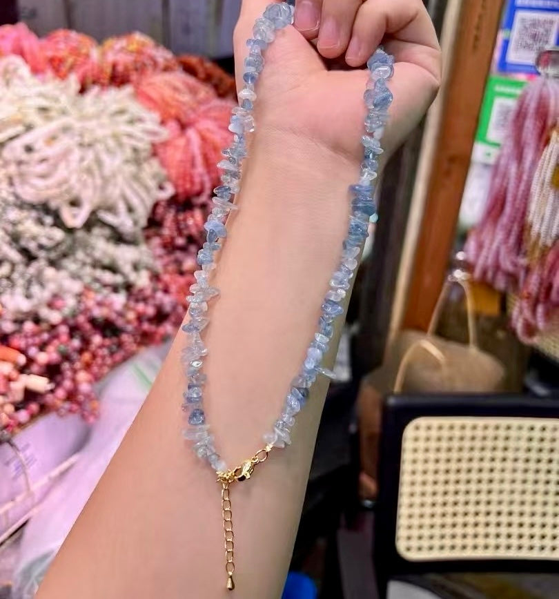 Handmade Natural Aquamarine Fragment Necklace – For Stress Relief, Emotional Balance, 18K Gold Plated, Adjustable Chain