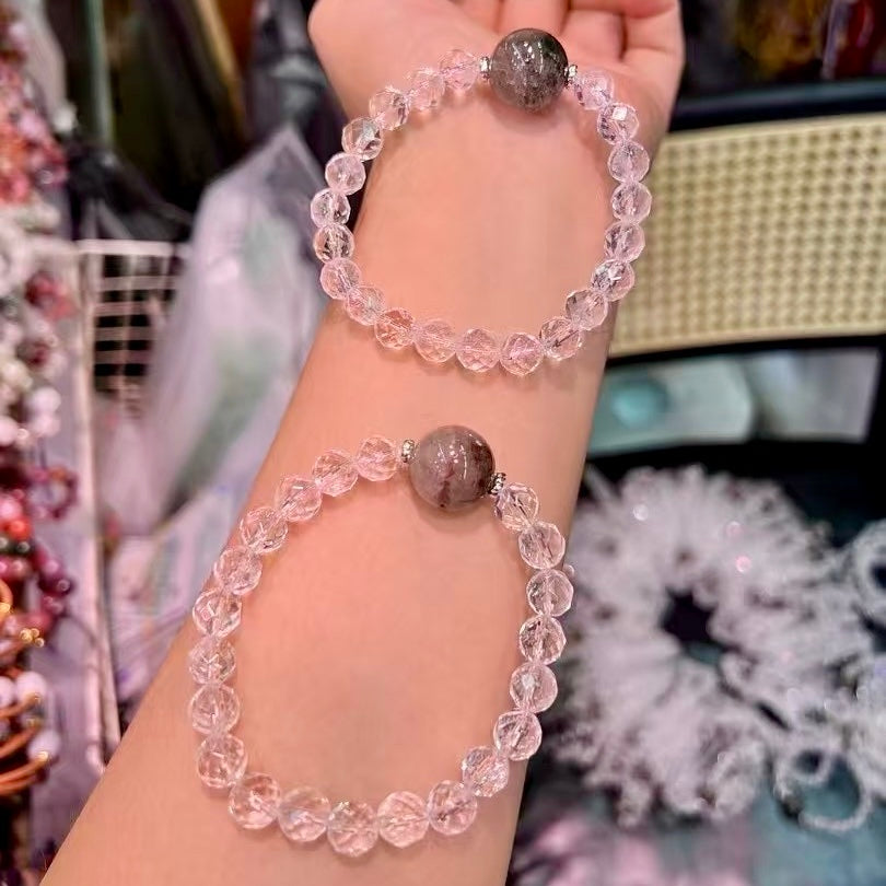 Faceted Clear Quartz Bracelet With Large Bead Phantom Quartz – Natural Crystal Healing Jewelry
