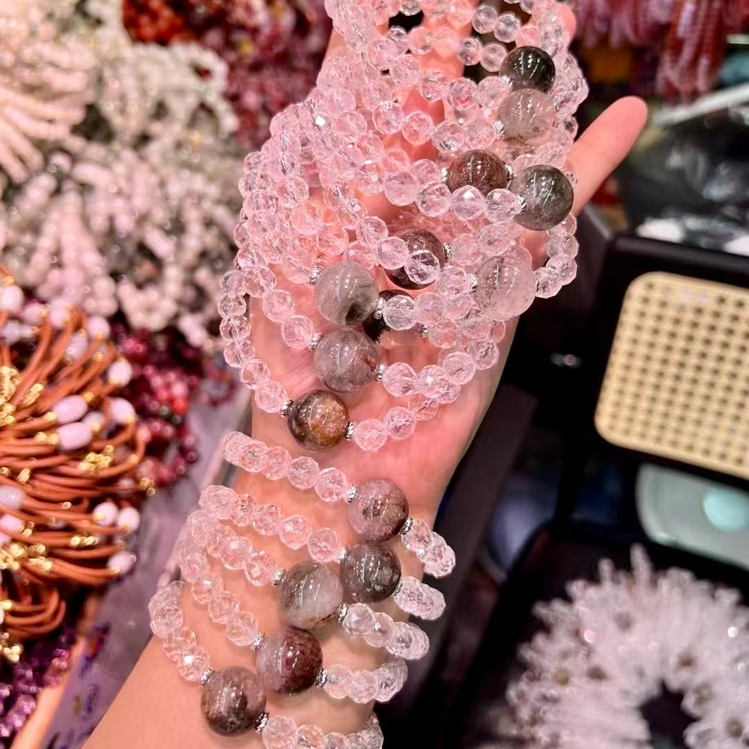 Faceted Clear Quartz Bracelet With Large Bead Phantom Quartz – Natural Crystal Healing Jewelry