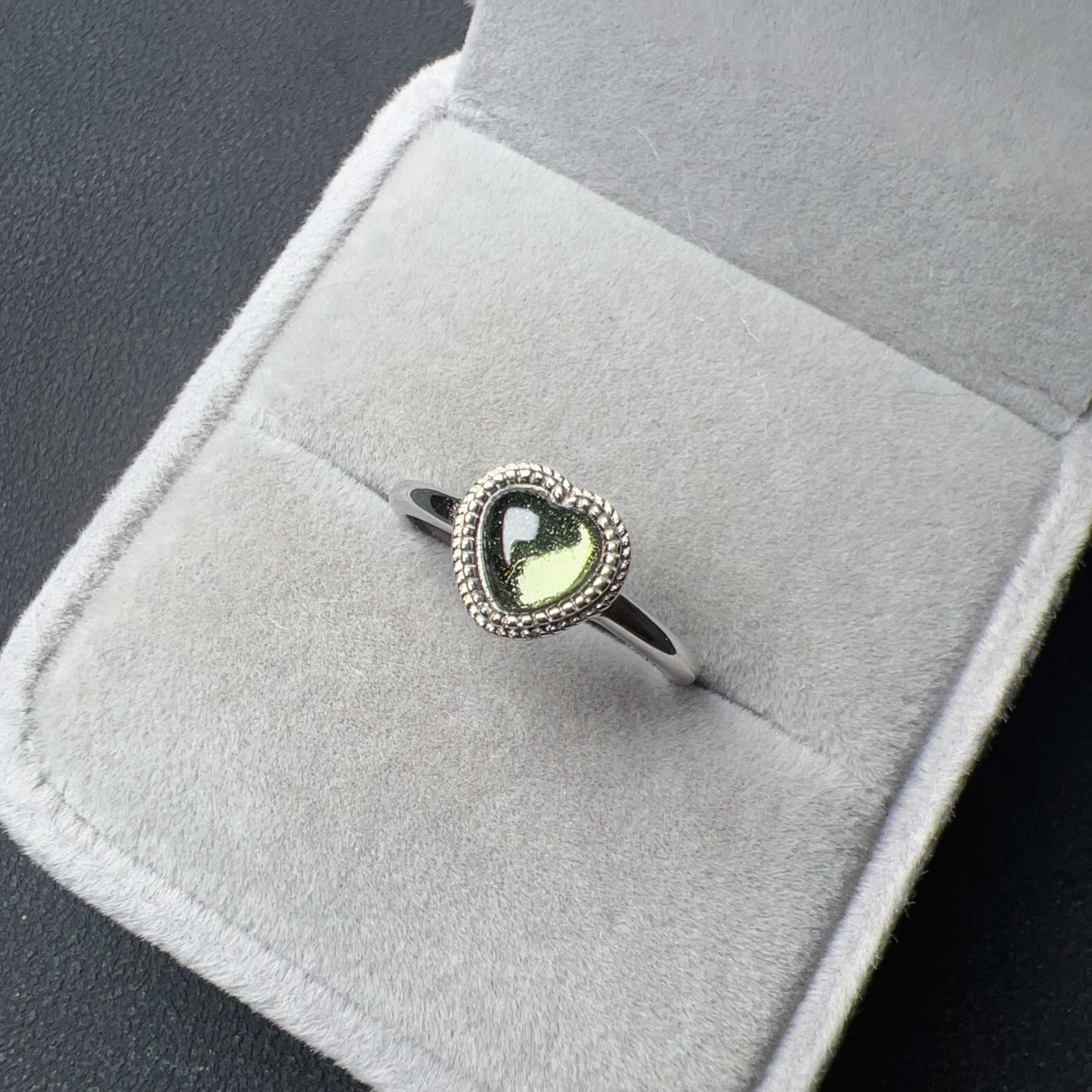 Custom-Made Loving Heart Shape Moldavite Ring With 925 Sterling Silver Adjustable Style