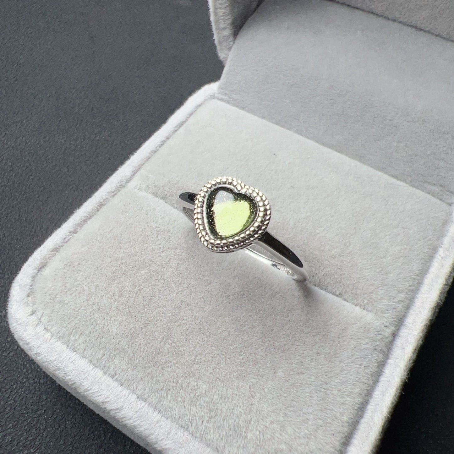 Custom-Made Loving Heart Shape Moldavite Ring With 925 Sterling Silver Adjustable Style