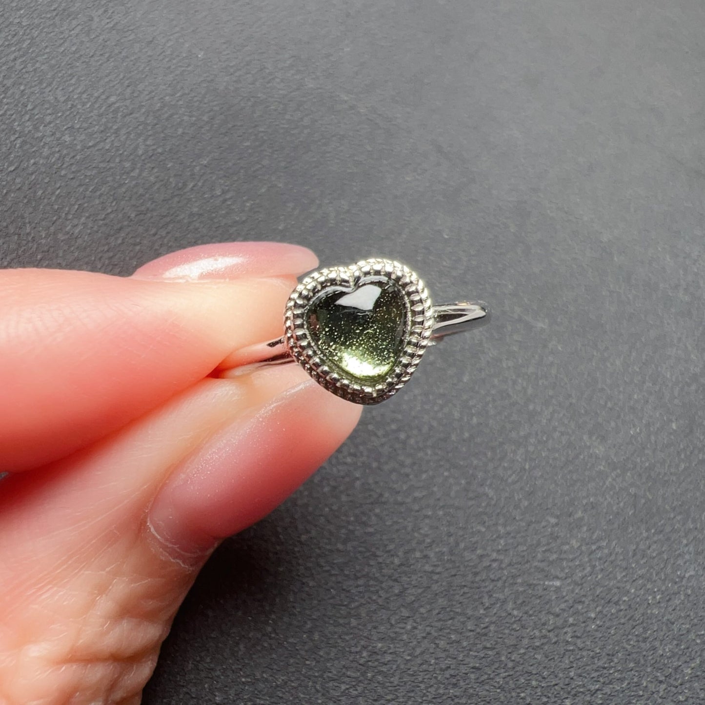 Custom-Made Loving Heart Shape Moldavite Ring With 925 Sterling Silver Adjustable Style