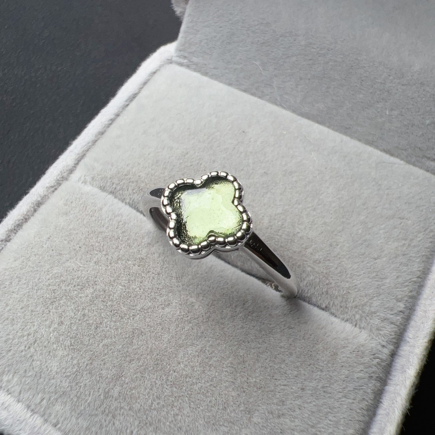Lucky Charm Moldavite Clover Ring | 925 Sterling Silver Jewelry | Energy Healing Gift