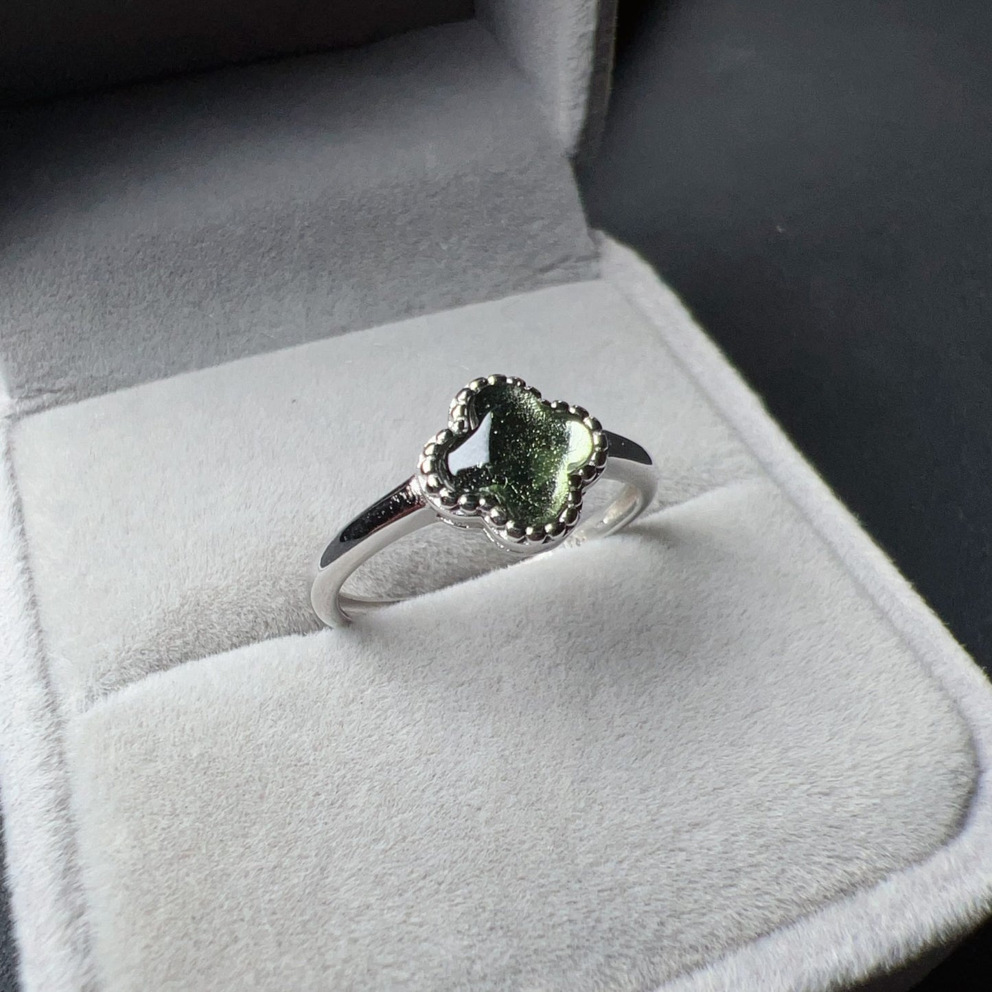 Lucky Charm Moldavite Clover Ring | 925 Sterling Silver Jewelry | Energy Healing Gift