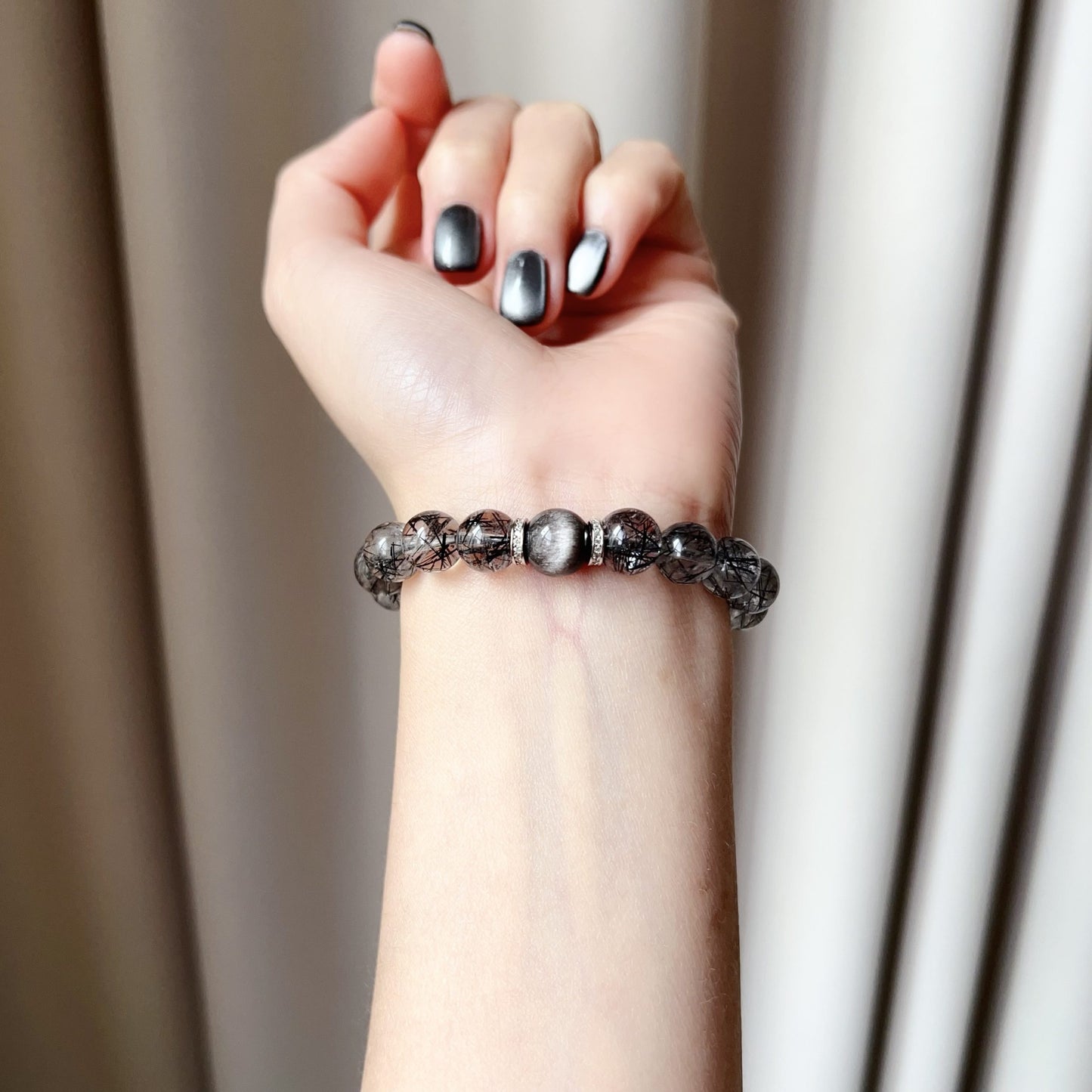 Custom Black Tourmalated Quartz, Silver Sheen Obsidian Bracelet – Handmade Healing Crystal Jewelry