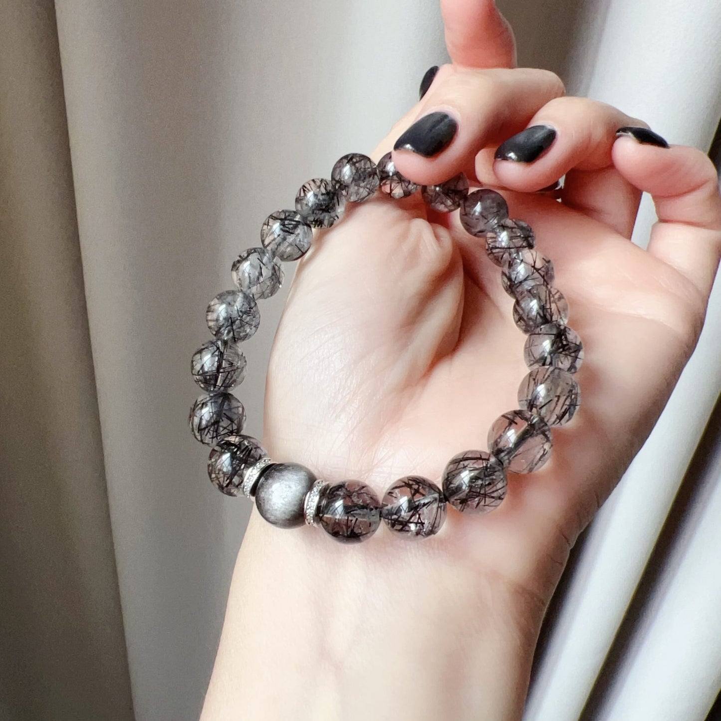 Custom Black Tourmalated Quartz, Silver Sheen Obsidian Bracelet – Handmade Healing Crystal Jewelry