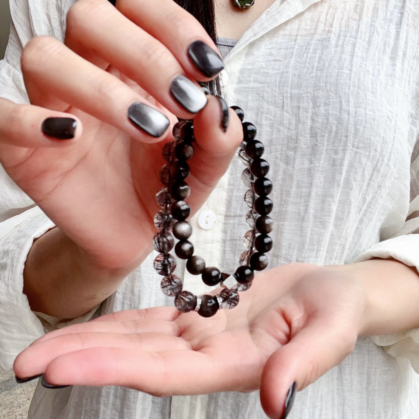 Custom Black Tourmalated Quartz, Silver Sheen Obsidian Bracelet – Handmade Healing Crystal Jewelry