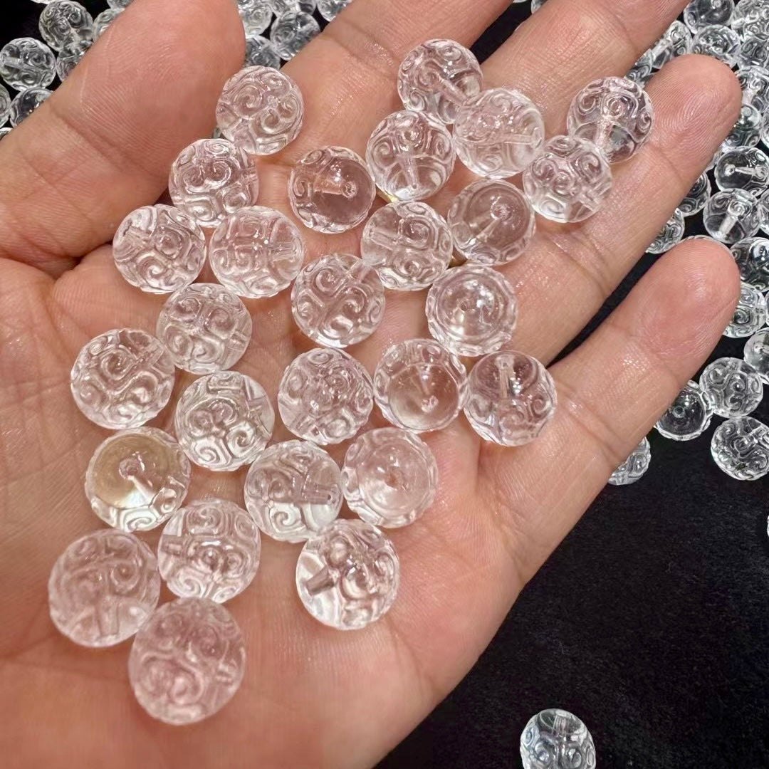 Natural Clear Quartz Huiwen Symbol Round Beads | Premium Diy Jewelry Making Supplies For Necklaces, Bracelets & Earrings Crafting