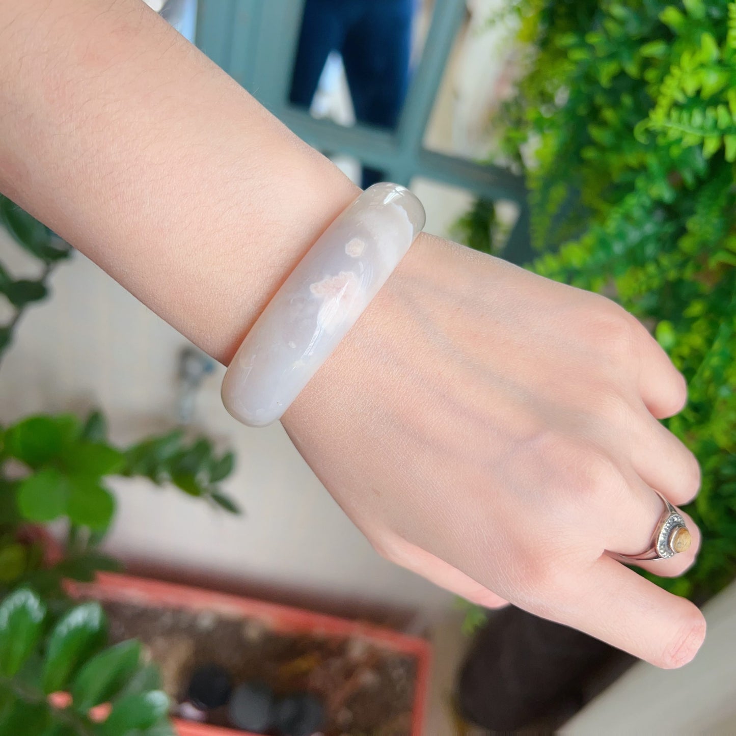One-Of-A-Kind Handmade Cherry Blossom Agate Bangle With Center Knockout | Unique Artisan Jewelry