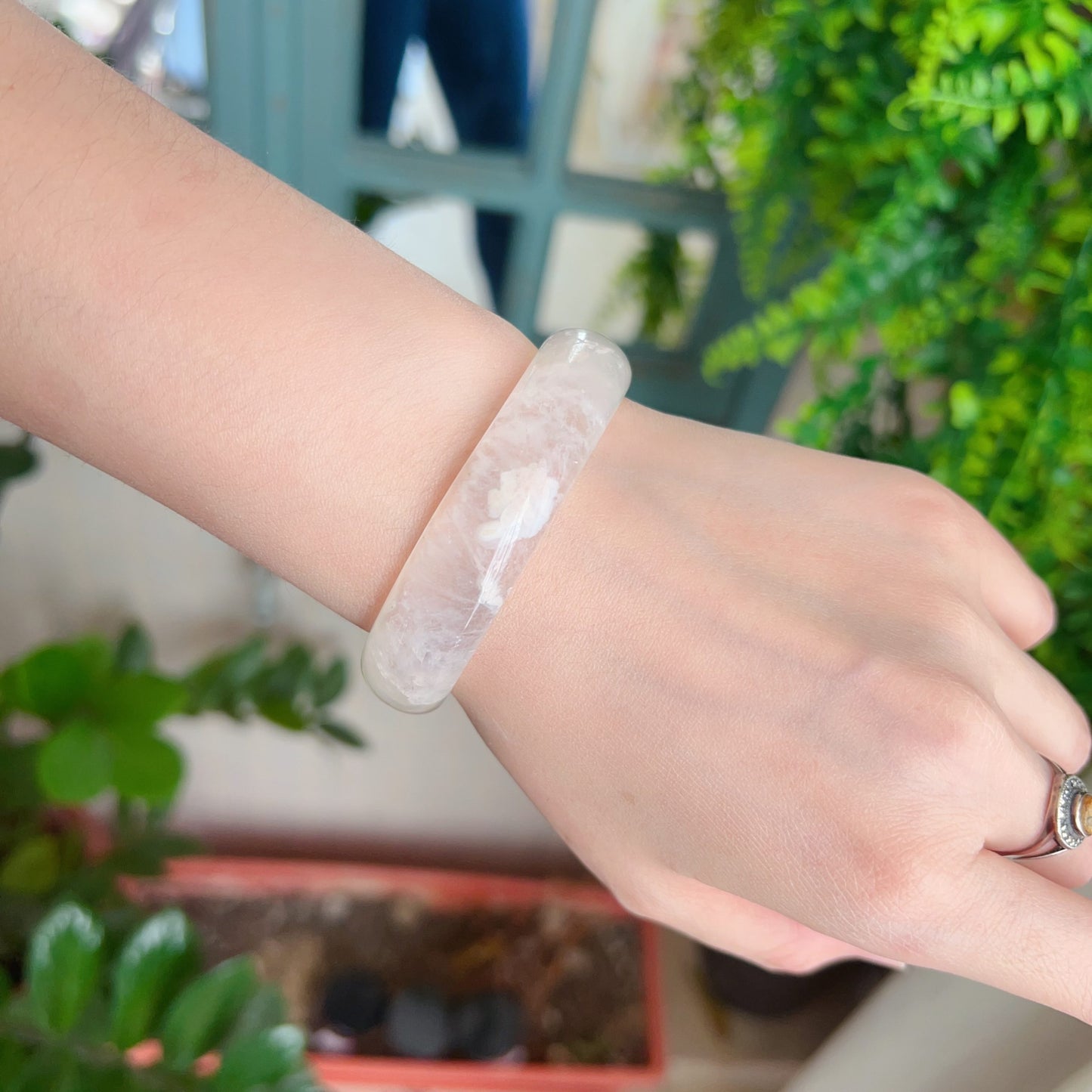 One-Of-A-Kind Handmade Cherry Blossom Agate Bangle With Center Knockout | Unique Artisan Jewelry
