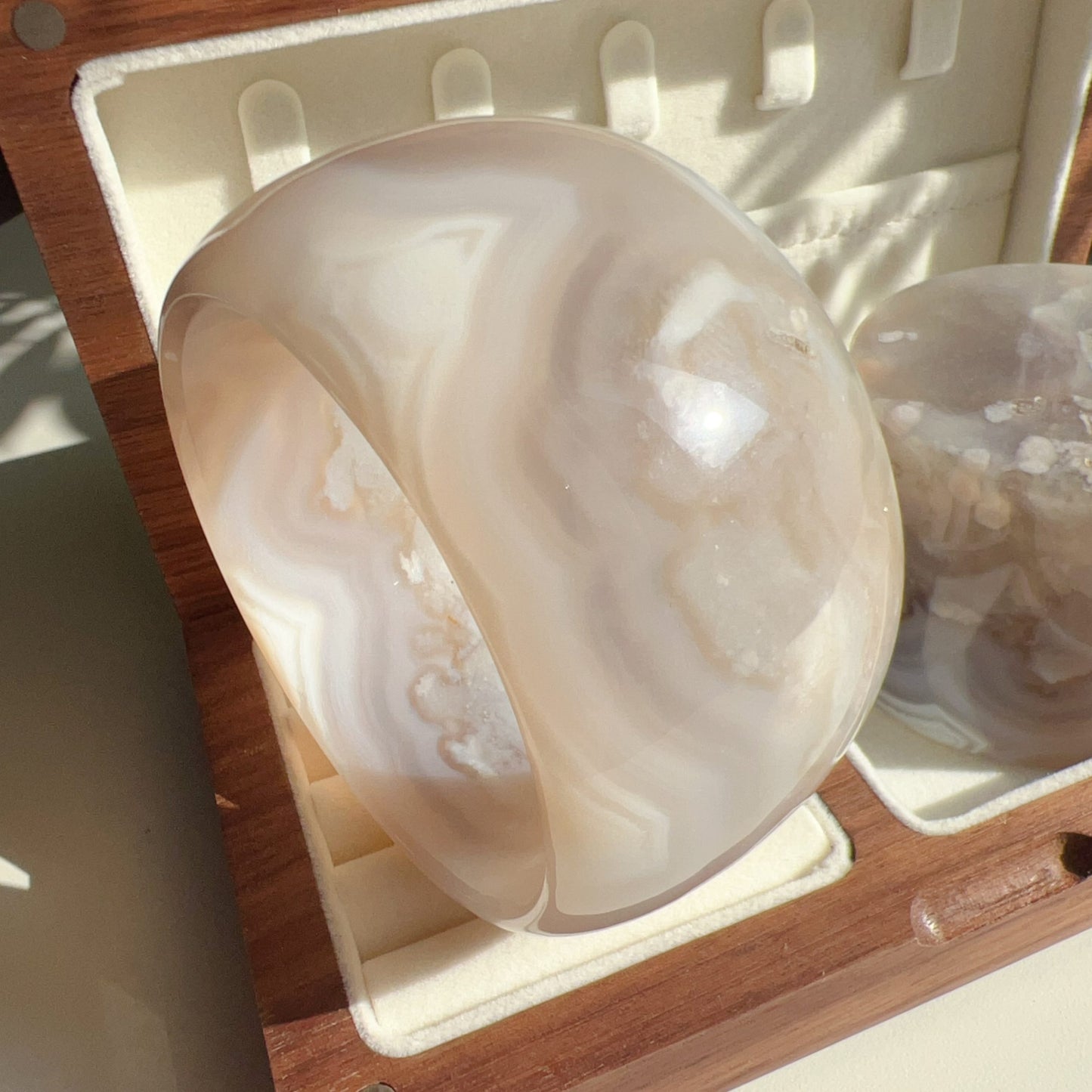 One-Of-A-Kind Handmade Cherry Blossom Agate Wheel Bangle With Center Left Knockout | Unique Artisan Jewelry