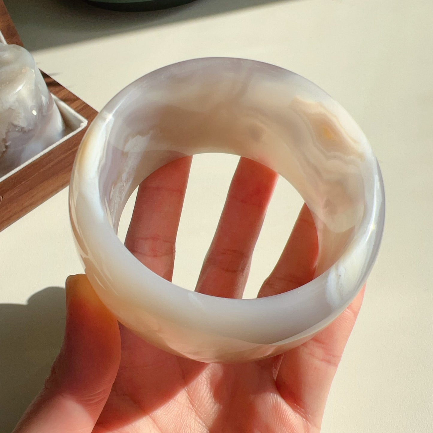 One-Of-A-Kind Handmade Cherry Blossom Agate Wheel Bangle With Center Left Knockout | Unique Artisan Jewelry