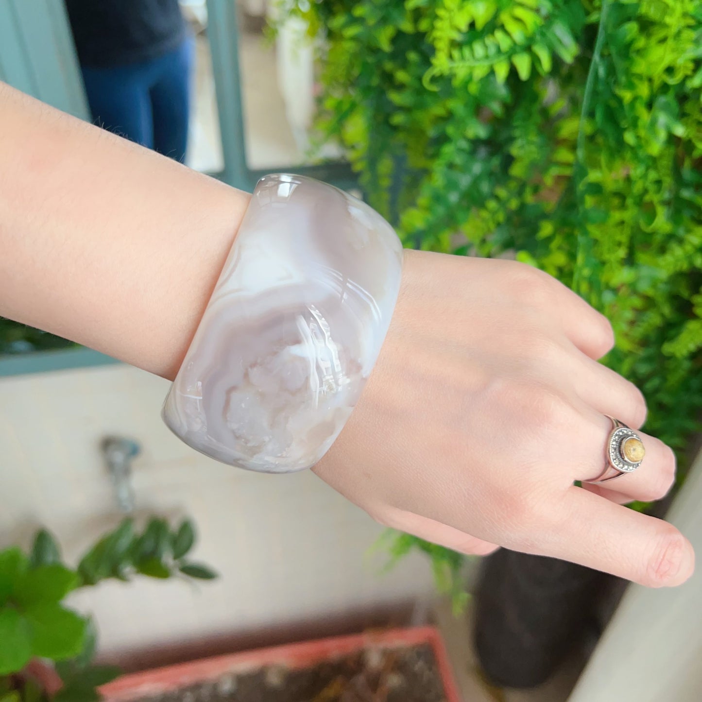 One-Of-A-Kind Handmade Cherry Blossom Agate Wheel Bangle With Center Left Knockout | Unique Artisan Jewelry