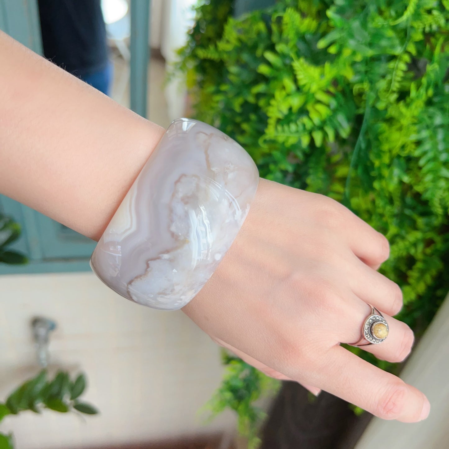 One-Of-A-Kind Handmade Cherry Blossom Agate Wheel Bangle With Center Left Knockout | Unique Artisan Jewelry