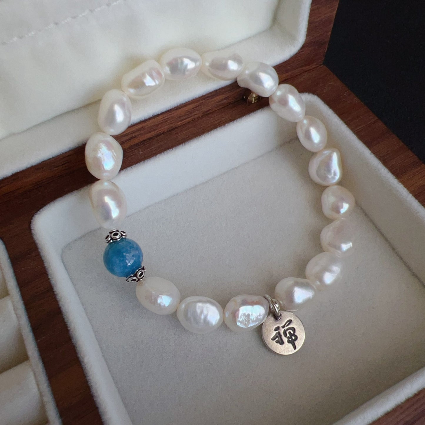 Handmade Irregular Shape Freshwater Pearl And Aquamarine Bracelet | 925 Sterling Silver Zen Pendant | Stress Relief And Emotional Balance Jewelry