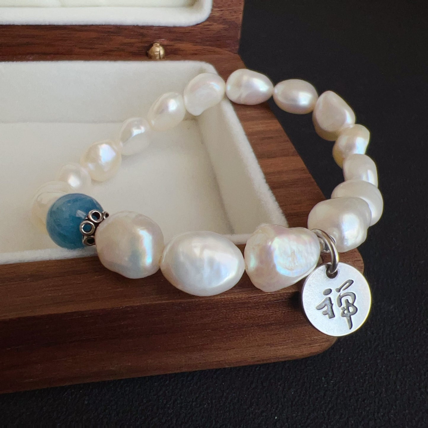 Handmade Irregular Shape Freshwater Pearl And Aquamarine Bracelet | 925 Sterling Silver Zen Pendant | Stress Relief And Emotional Balance Jewelry