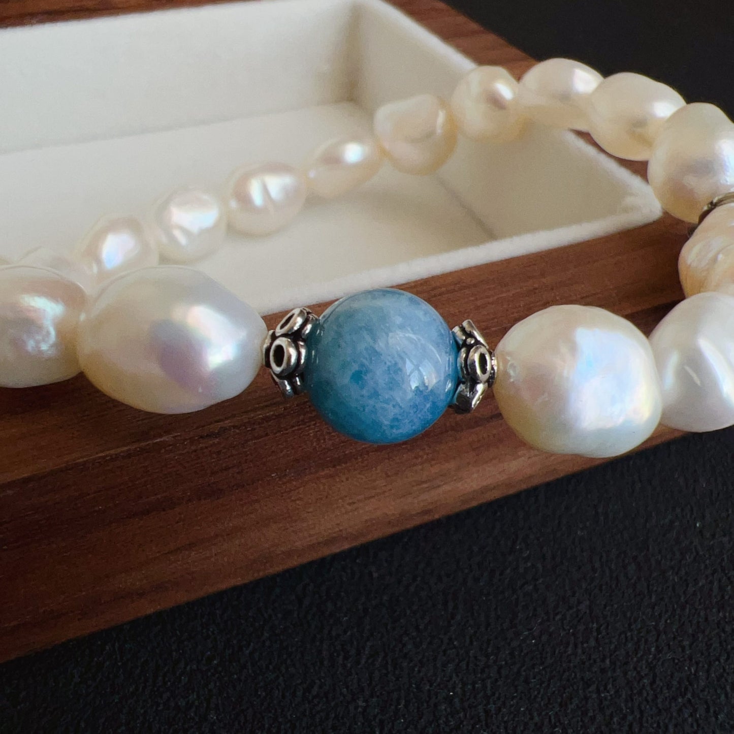 Handmade Irregular Shape Freshwater Pearl And Aquamarine Bracelet | 925 Sterling Silver Zen Pendant | Stress Relief And Emotional Balance Jewelry