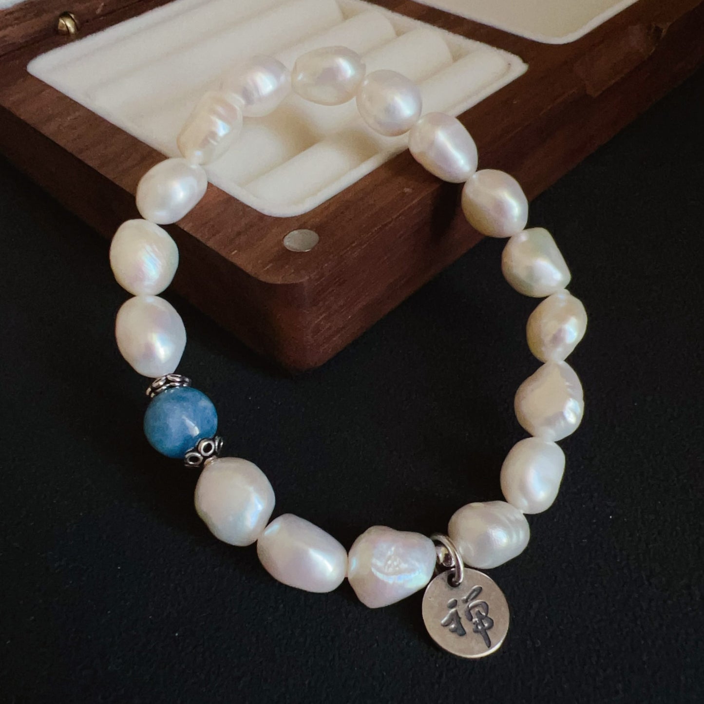 Handmade Irregular Shape Freshwater Pearl And Aquamarine Bracelet | 925 Sterling Silver Zen Pendant | Stress Relief And Emotional Balance Jewelry