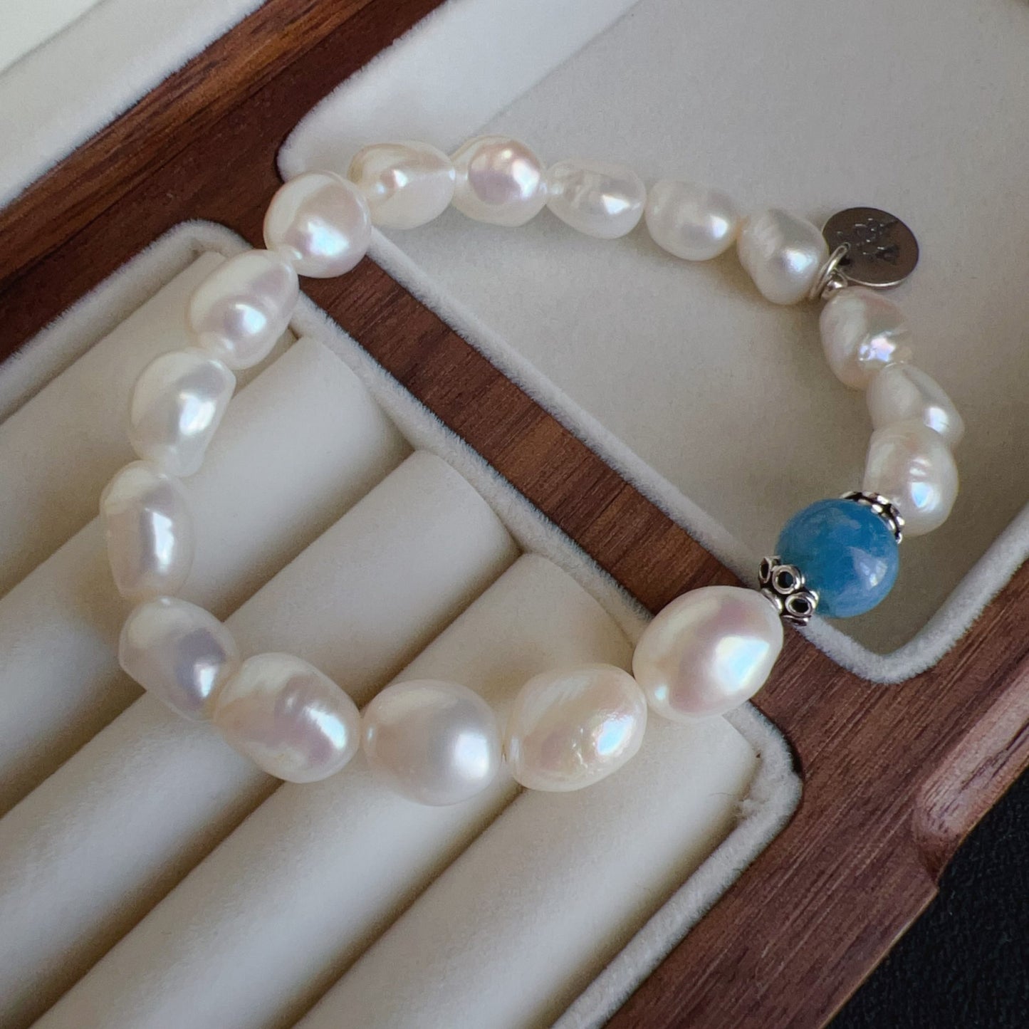 Handmade Irregular Shape Freshwater Pearl And Aquamarine Bracelet | 925 Sterling Silver Zen Pendant | Stress Relief And Emotional Balance Jewelry