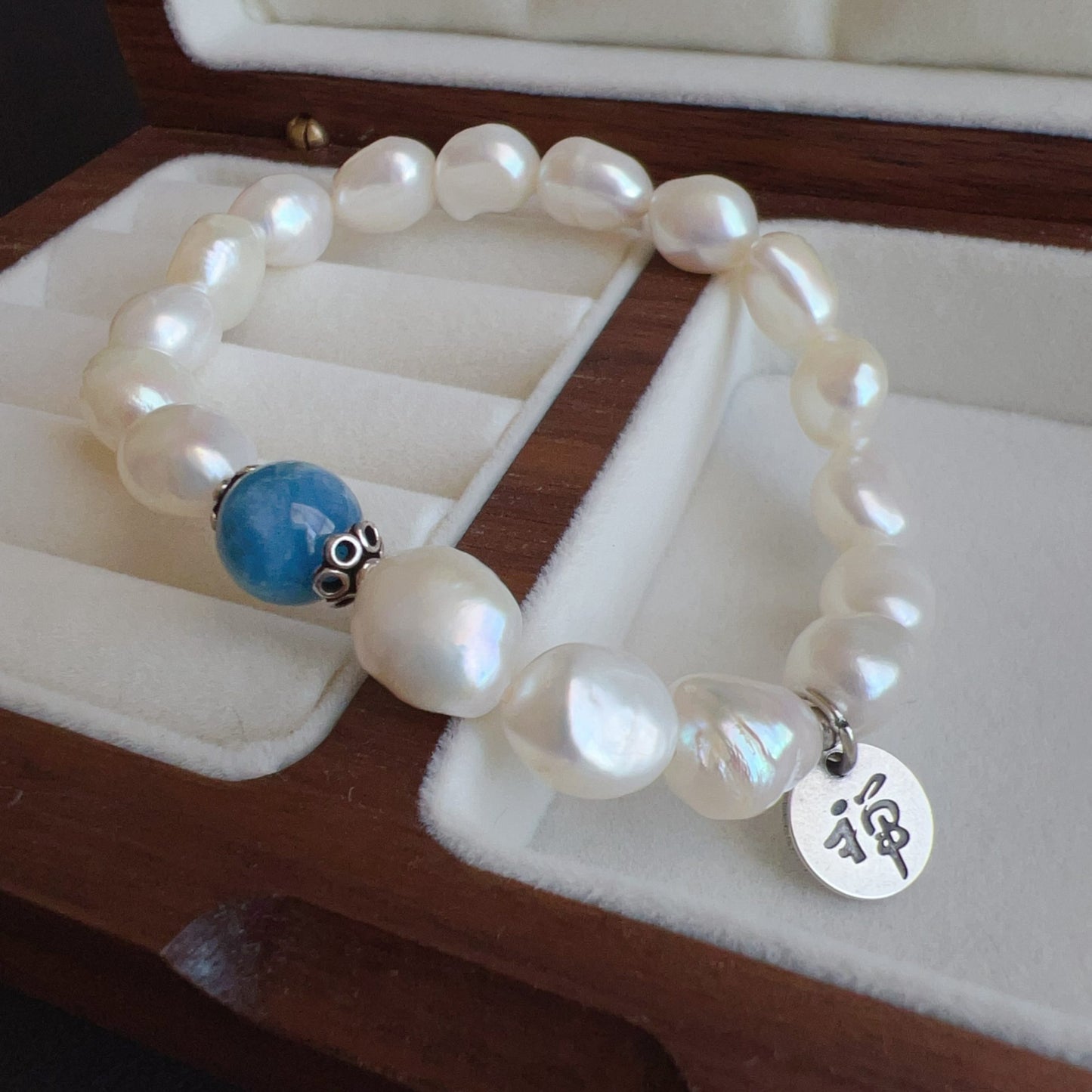 Handmade Irregular Shape Freshwater Pearl And Aquamarine Bracelet | 925 Sterling Silver Zen Pendant | Stress Relief And Emotional Balance Jewelry