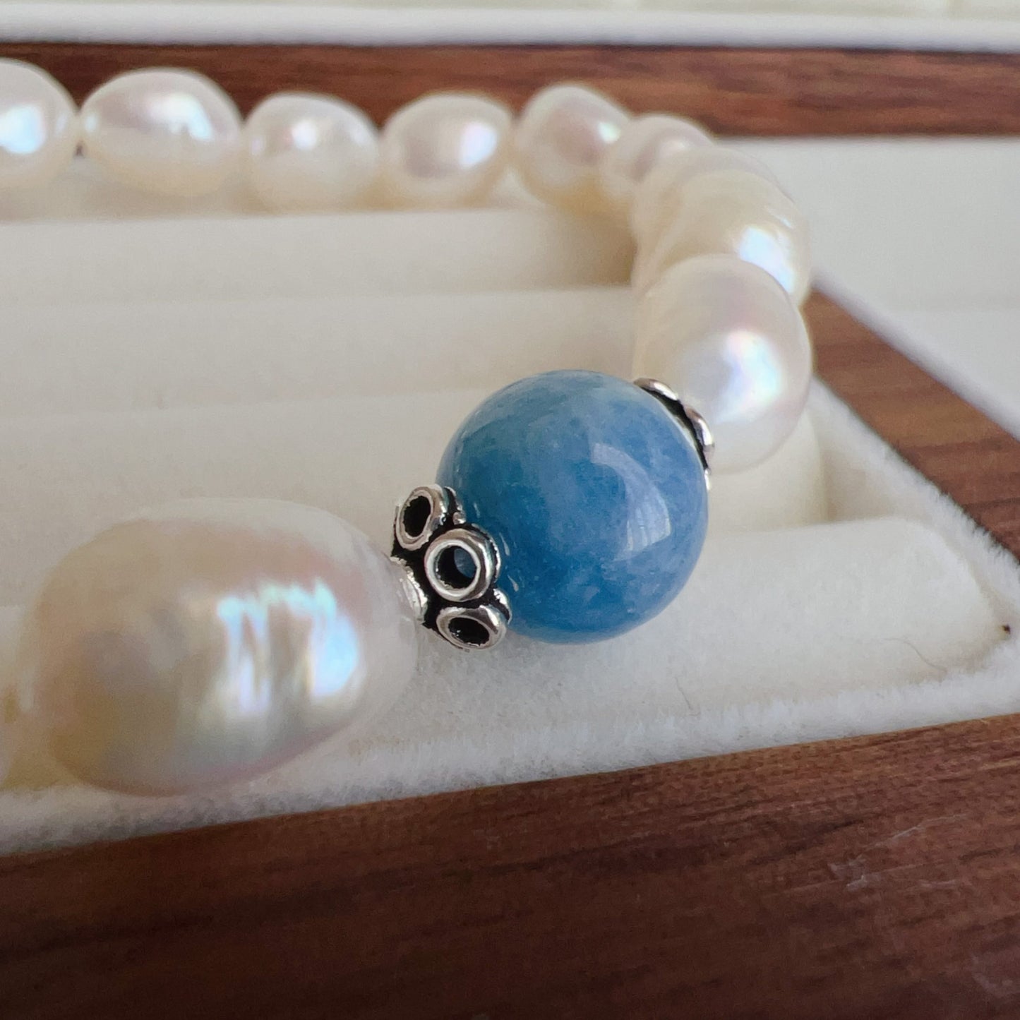 Handmade Irregular Shape Freshwater Pearl And Aquamarine Bracelet | 925 Sterling Silver Zen Pendant | Stress Relief And Emotional Balance Jewelry