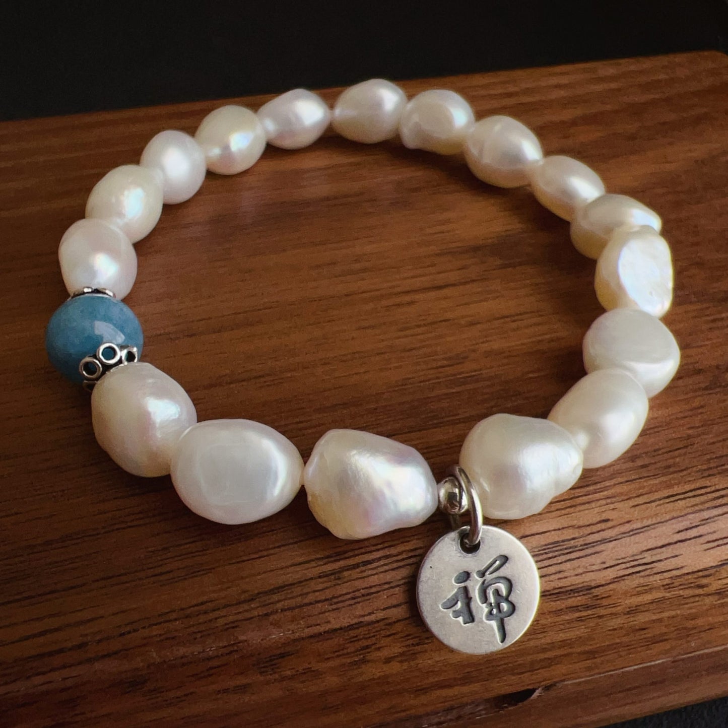 Handmade Irregular Shape Freshwater Pearl And Aquamarine Bracelet | 925 Sterling Silver Zen Pendant | Stress Relief And Emotional Balance Jewelry