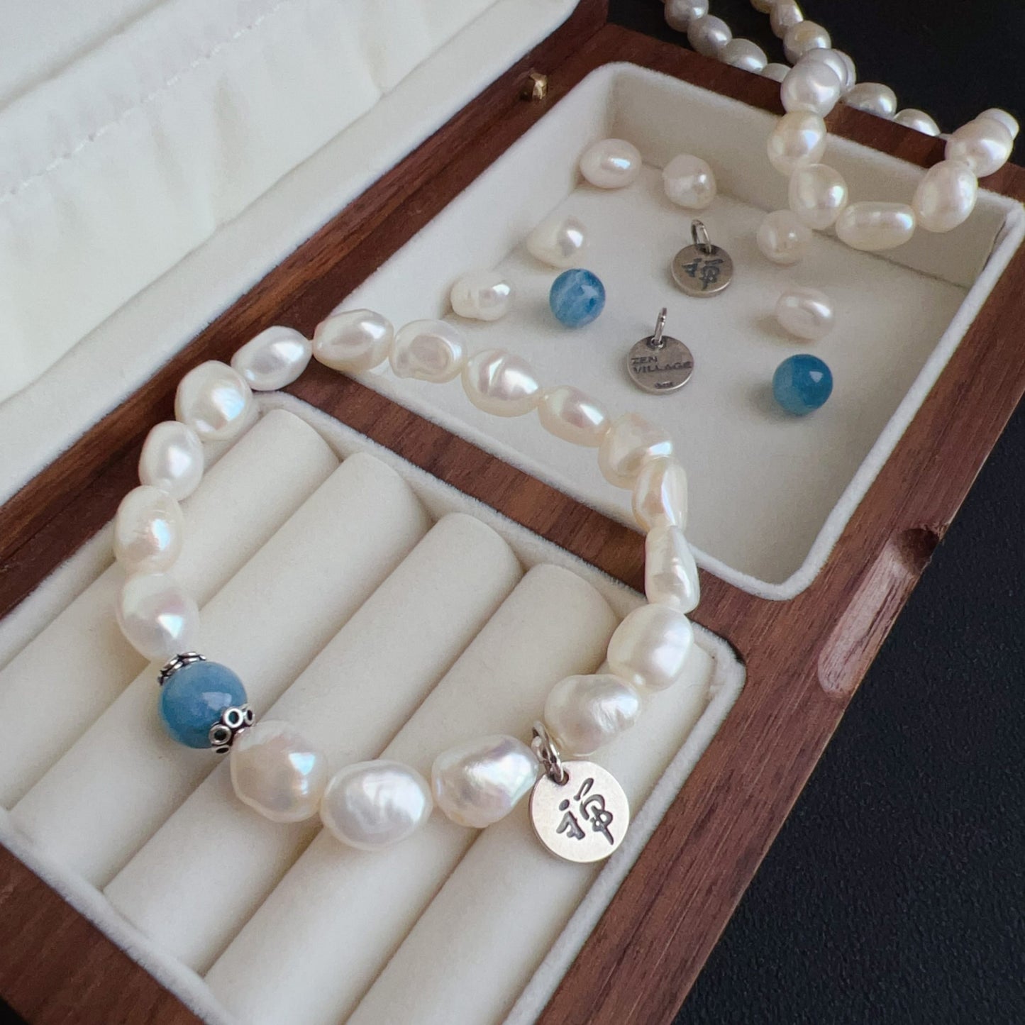 Handmade Irregular Shape Freshwater Pearl And Aquamarine Bracelet | 925 Sterling Silver Zen Pendant | Stress Relief And Emotional Balance Jewelry