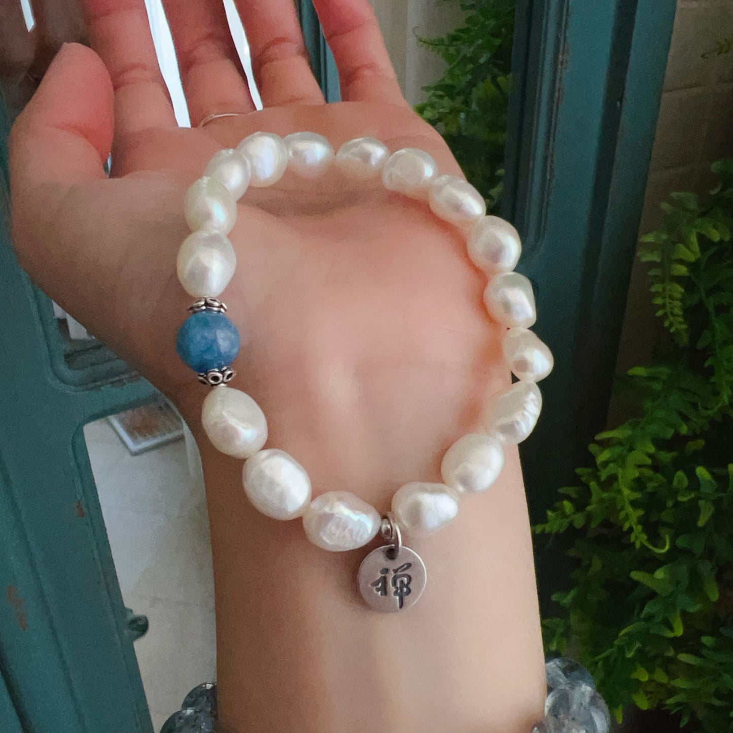 Handmade Irregular Shape Freshwater Pearl And Aquamarine Bracelet | 925 Sterling Silver Zen Pendant | Stress Relief And Emotional Balance Jewelry