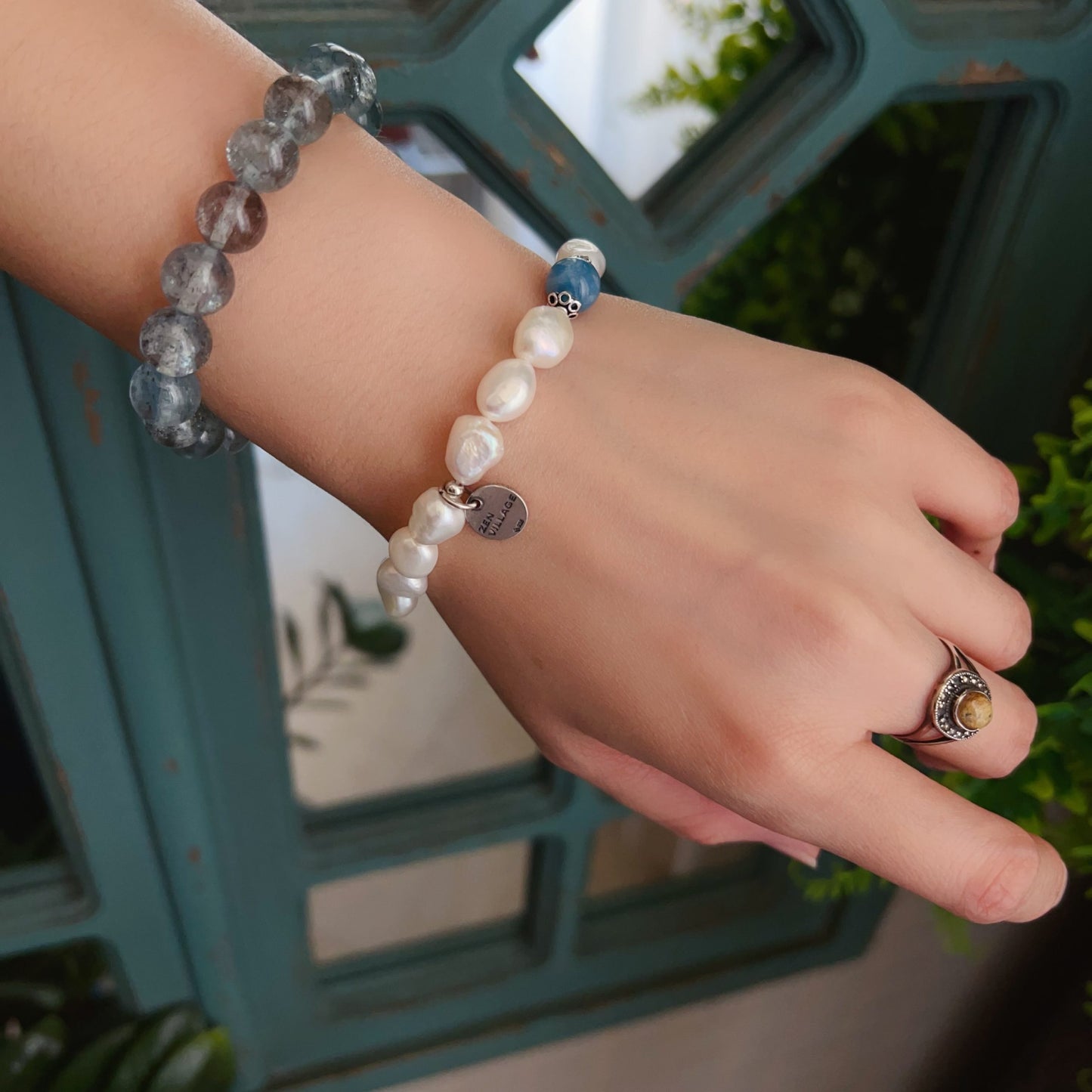 Handmade Irregular Shape Freshwater Pearl And Aquamarine Bracelet | 925 Sterling Silver Zen Pendant | Stress Relief And Emotional Balance Jewelry