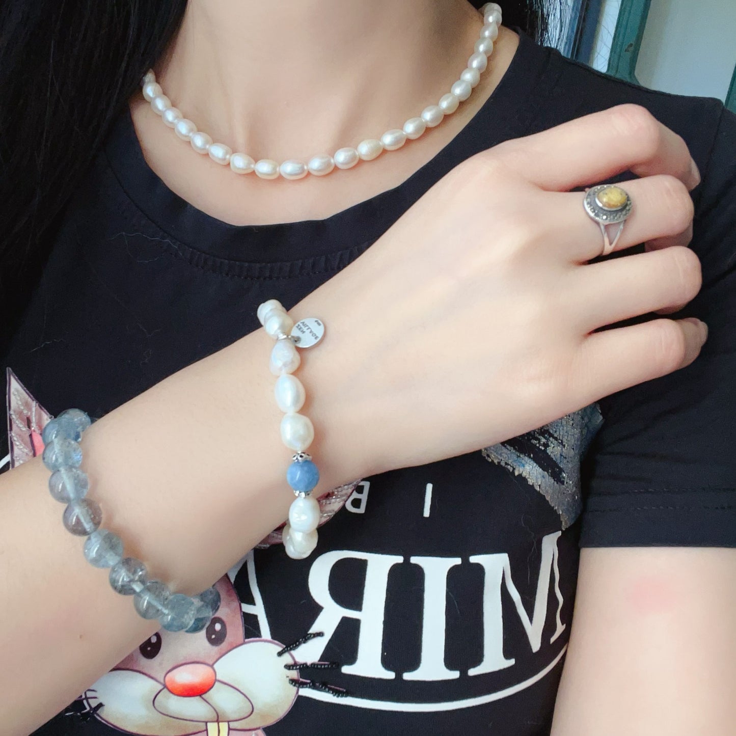 Handmade Irregular Shape Freshwater Pearl And Aquamarine Bracelet | 925 Sterling Silver Zen Pendant | Stress Relief And Emotional Balance Jewelry