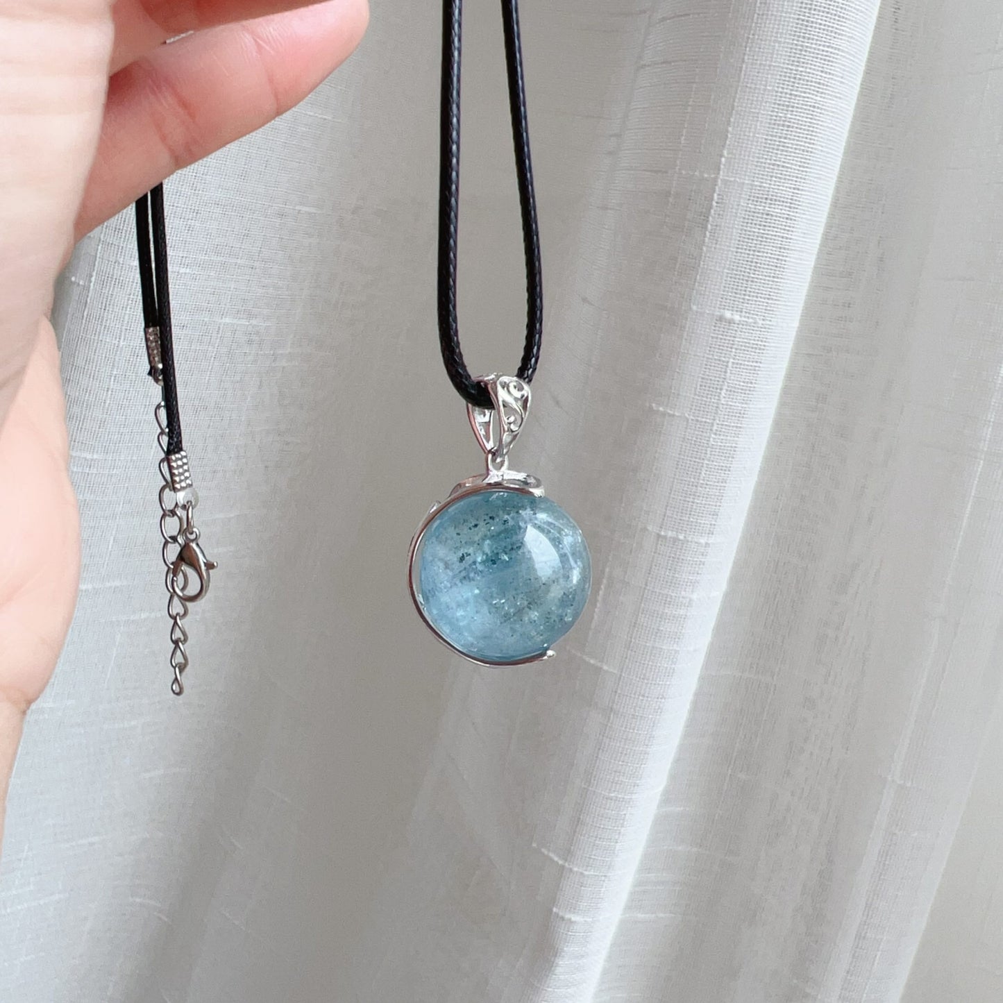 Natural Sparkling Aquamarine Sphere Pendant Necklace – 17Mm Healing Stone For Throat Chakra Energy
