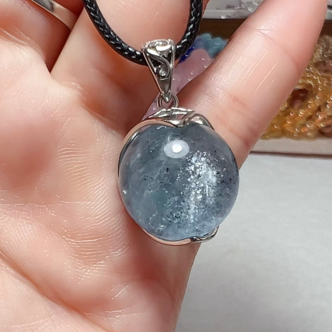Natural Sparkling Aquamarine Sphere Pendant Necklace – 17Mm Healing Stone For Throat Chakra Energy