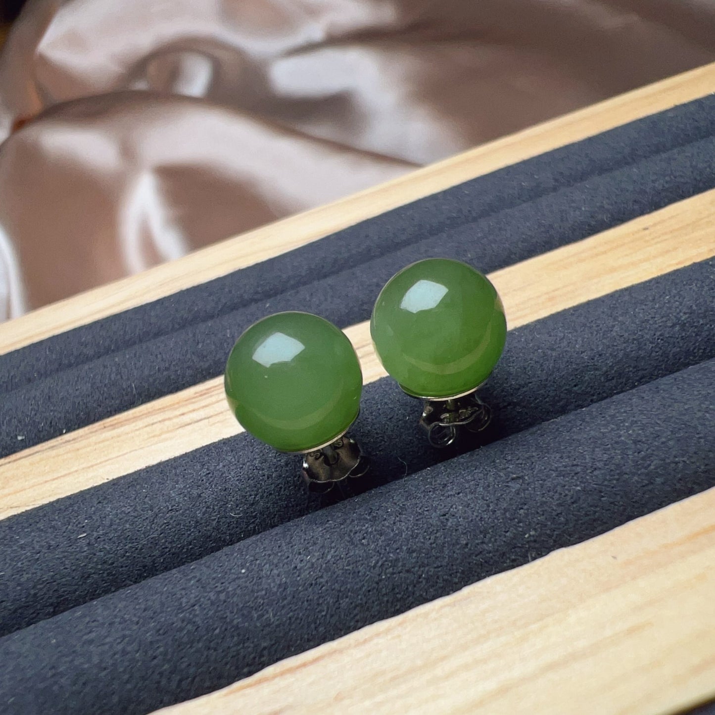 Genuine Nephrite Jade Stud Earrings | Handmade With 18K White Gold Plated 925 Sterling Silver | Elegant Jewelry For Everyday Wear