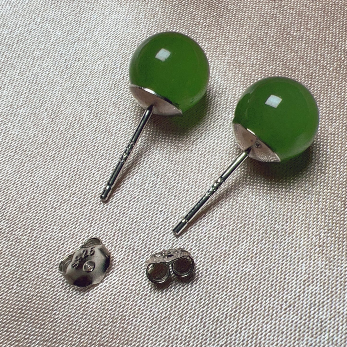 Genuine Nephrite Jade Stud Earrings | Handmade With 18K White Gold Plated 925 Sterling Silver | Elegant Jewelry For Everyday Wear
