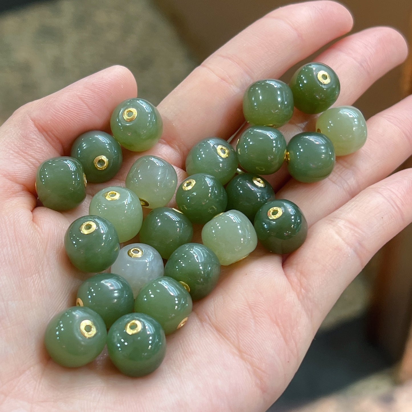 Natural Green Nephrite With 18K Yellow Gold Spacers Hetian Jade Charms Diy Jewelry Project