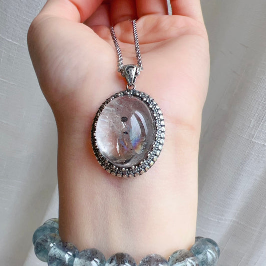 One And Only Rare Large Black Sand Enhydro Quartz Crystal Pendant Necklace Handmade With 925 Sterling Silver
