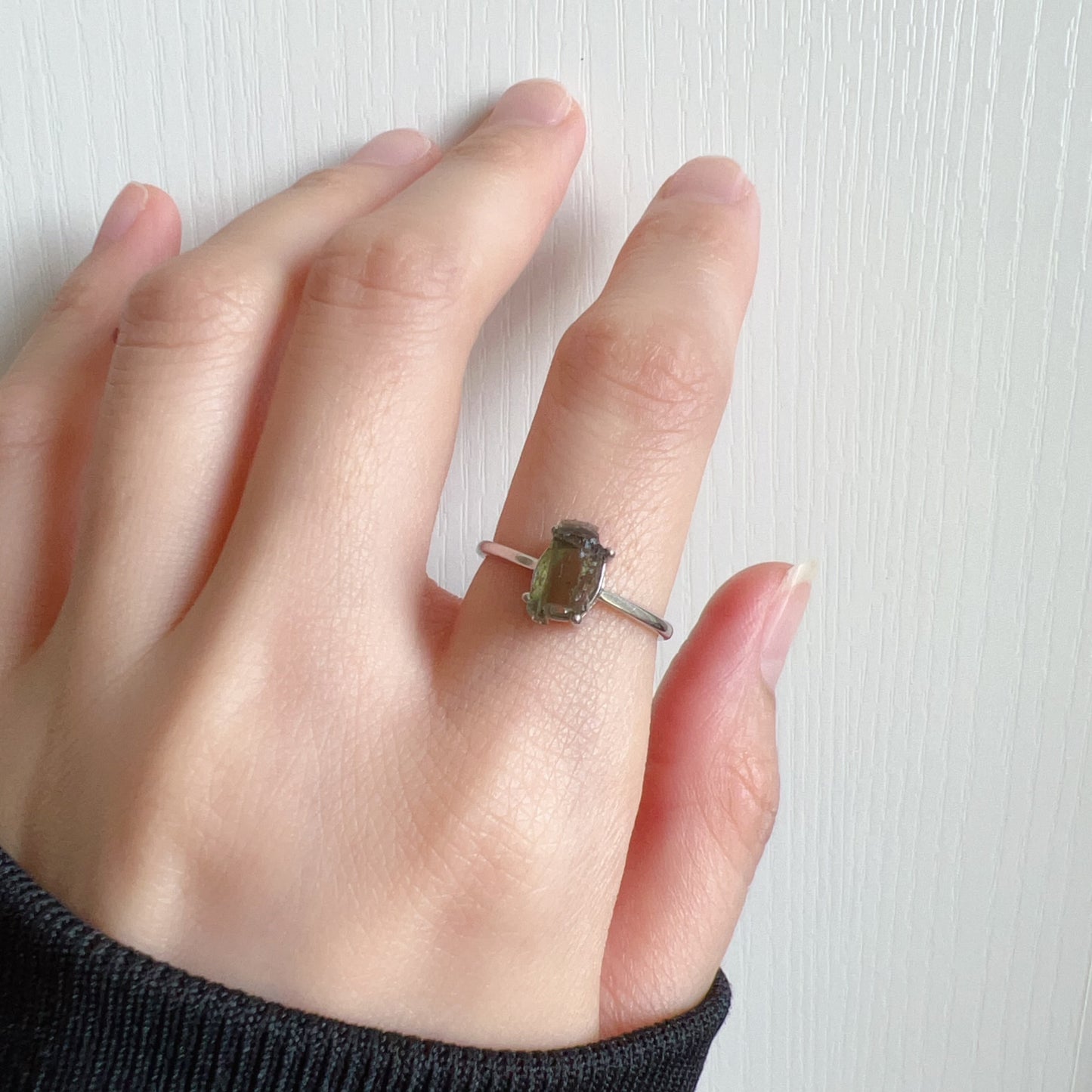 Handmade Natural Moldavite Raw Stone Ring 925 Sterling Silver Prongs | Rare High-Frequency Healing Stone