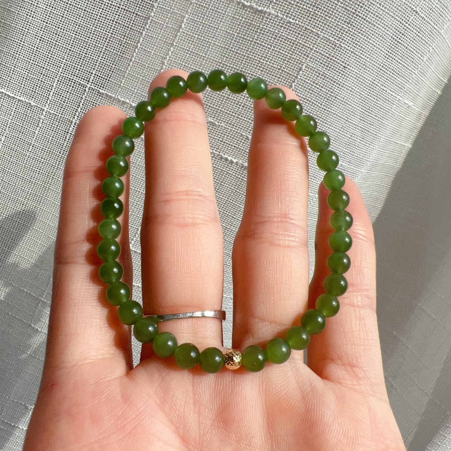 Green Nephrite Jade Bracelet With 18K Yellow Gold Faceted Bead | Natural Heart Chakra Healing Jewelry