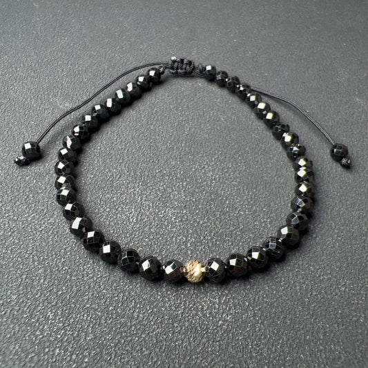 4Mm Top Grade Faceted Black Tourmaline Drawstring Bracelet With 18K Yellow Gold Bead | Handmade Healing Fashion Jewelry