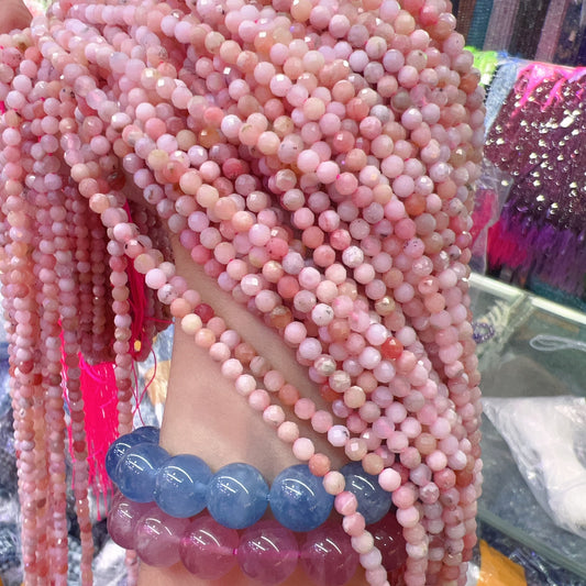 4Mm Natural Faceted Pink Opal Round Bead Strands For Diy Jewelry Project