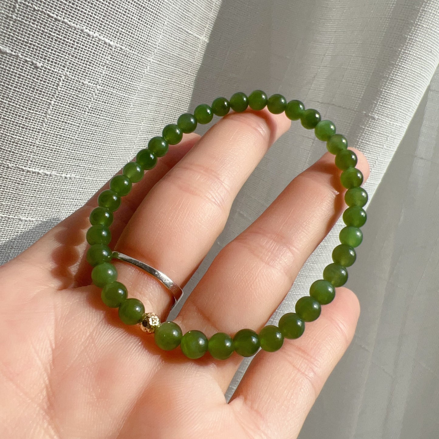 Green Nephrite Jade Bracelet With 18K Yellow Gold Faceted Bead | Natural Heart Chakra Healing Jewelry
