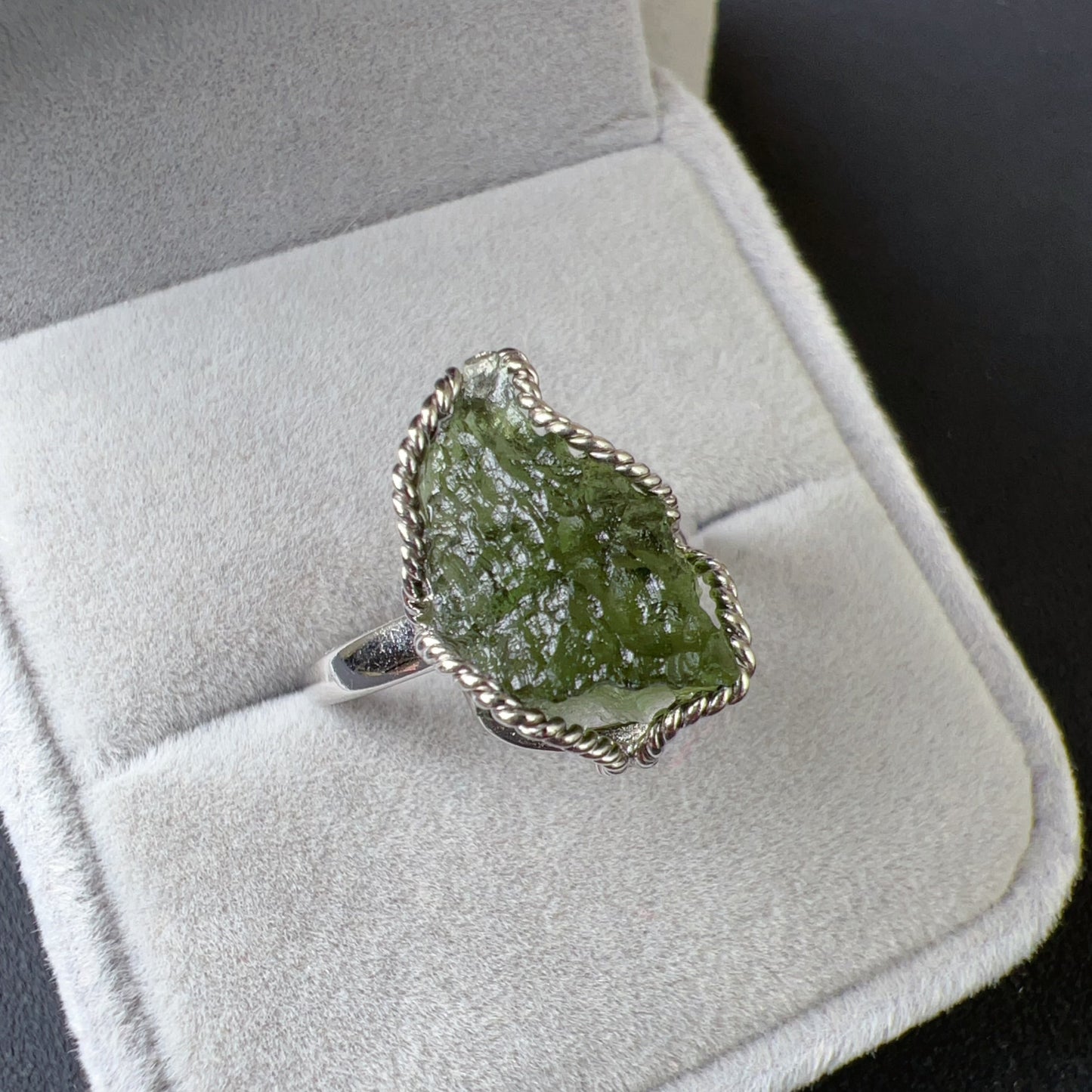 Best Green Color Genuine Moldavite Raw Stone Ring 925 Sterling Silver Wrapping | Rare High-Frequency Healing Stone